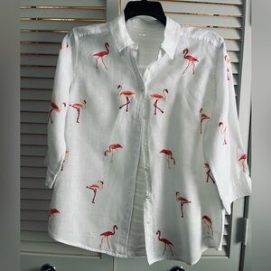 White Button-Front Blouse with Pink Flamingo Embroidery